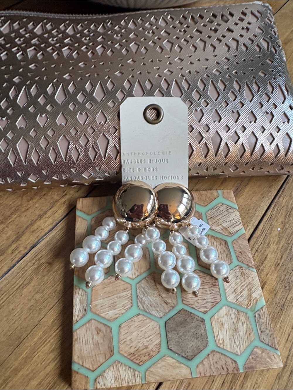 Anthropologie Gold and White Pearl Drop Cluster Earrings